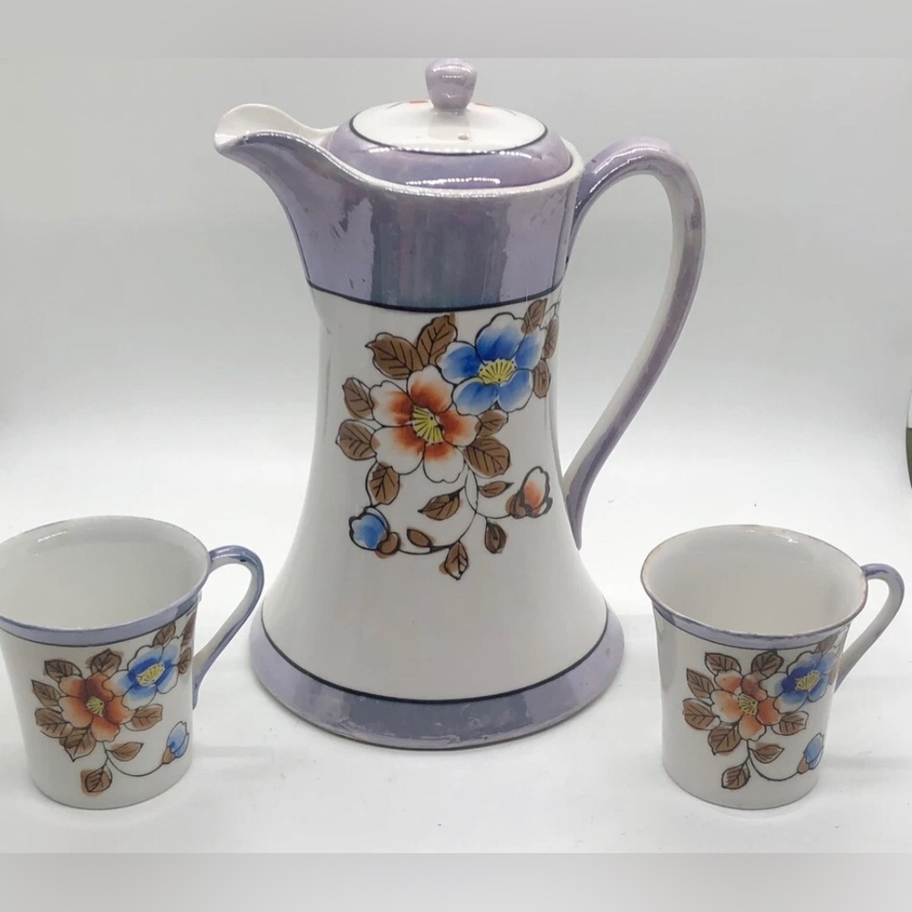 Antique Japanese Lusterware Hand Painted Hot Chocolate Pot & 2 Cups Nippon Era